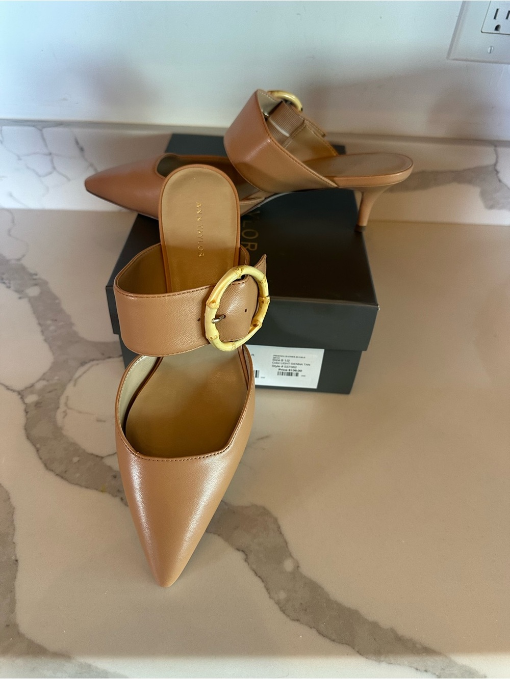 Ann Taylor “Phoenix” Sienna Tan Pointed Mule Heels w/bamboo Buckle, nwt, Sz 8.5